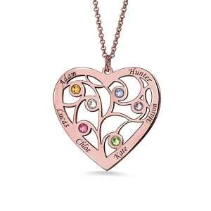 Heart Family Tree Necklace with birthstones in Rose Gold Plating