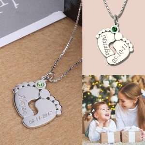 Engraved Baby Feet Necklace with Personalized Birthstone