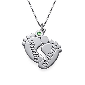 Engraved Baby Feet Necklace with Personalized Birthstone