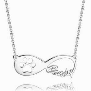 Dog Paw Print Infinity Name Necklace Silver