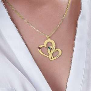 Engraved Two Heart Necklace with Gold Plating