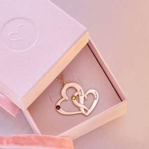 Engraved Two Heart Necklace with Rose Gold Plating