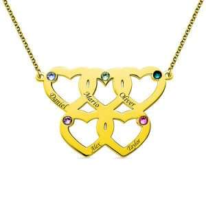 Engraved Five Hearts Necklace With Birthstones In Gold