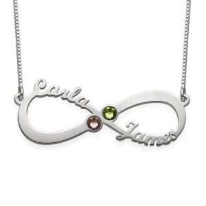 2 Names & Birthstones Infinity Love Necklace Sterling Silver