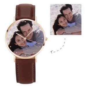 Unisex Rose Goldtone Photo Watch Brown Leather Strap