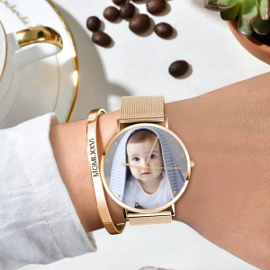 Womens Rose Gold Alloy Bracelet Photo Watch