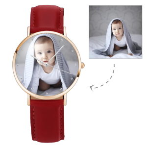 Womens Rose Goldtone Photo Watch Red Leather Strap